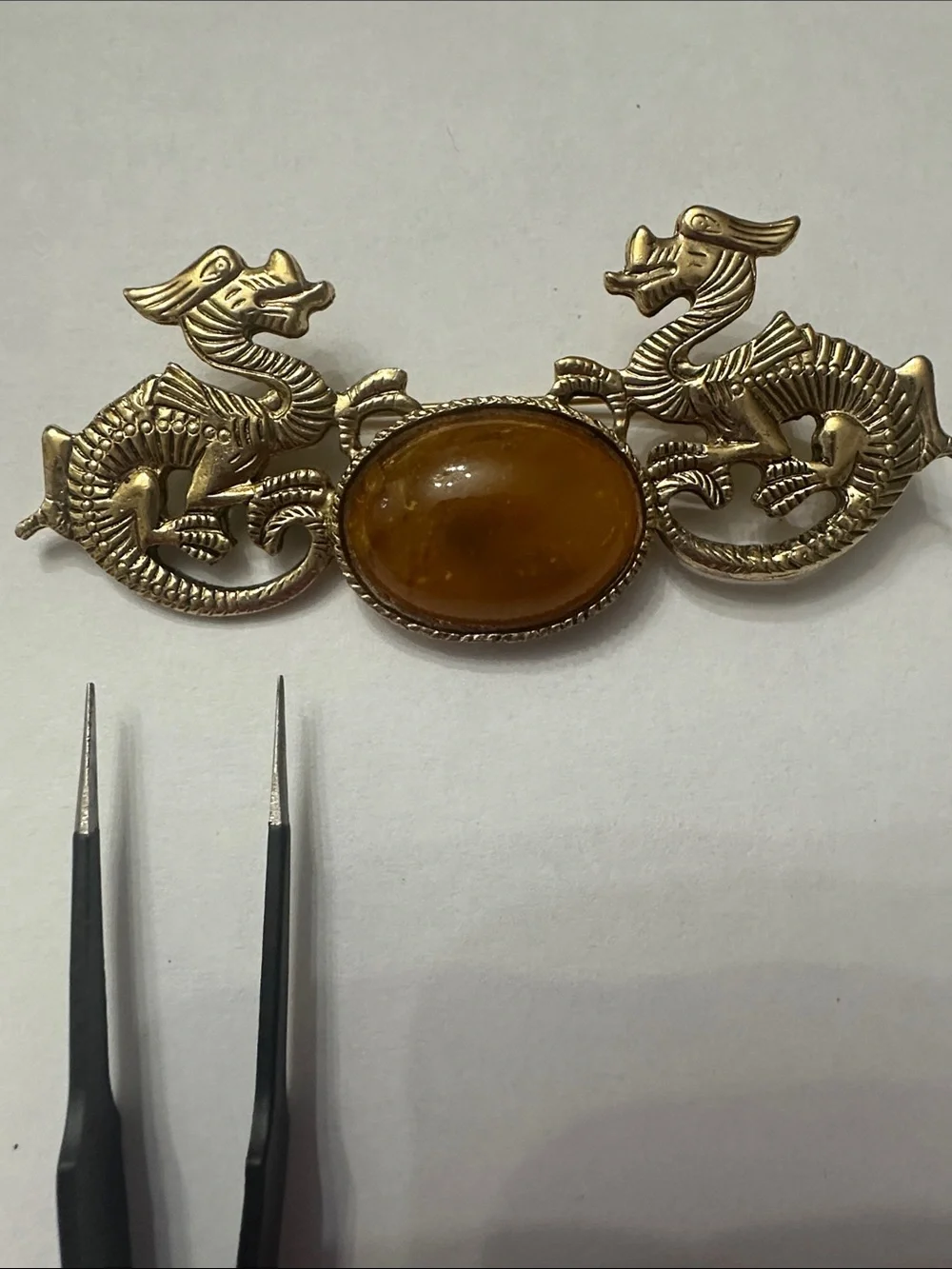 Vintage-Inspired Dragon Brooch with Amber Cabochon